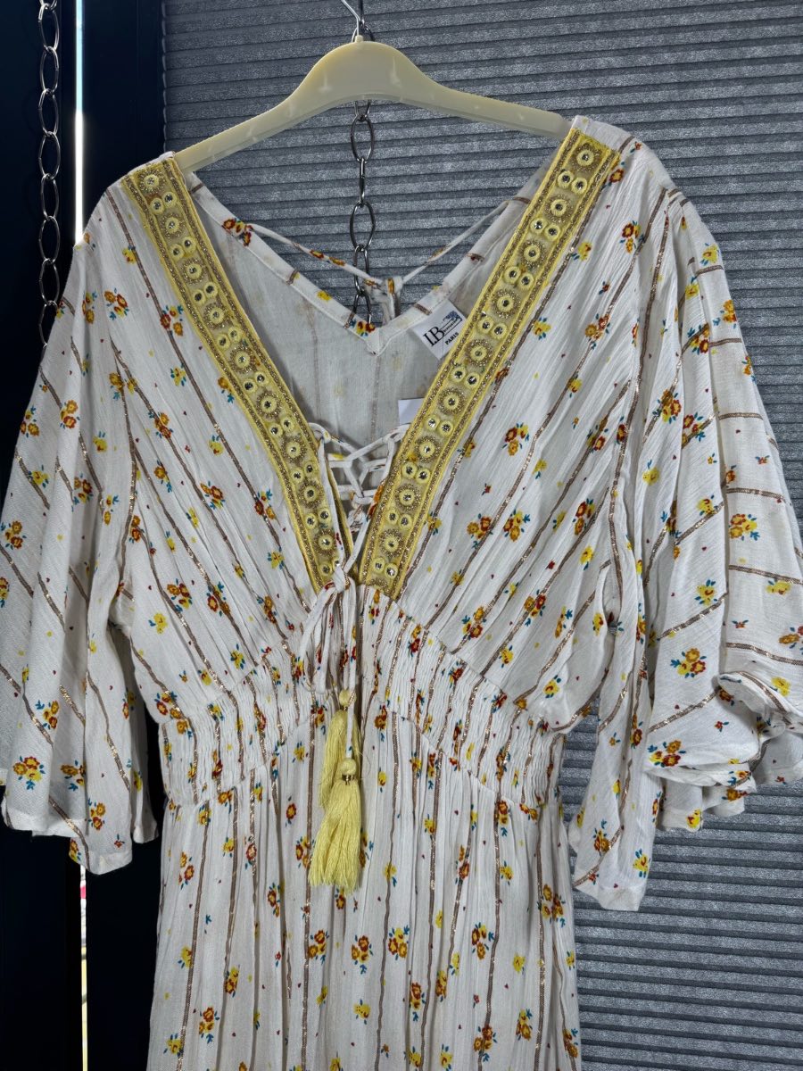 L.B Paris Boho Midi Dress | Fits Up To UK 14 | Cream Floral & Yellow