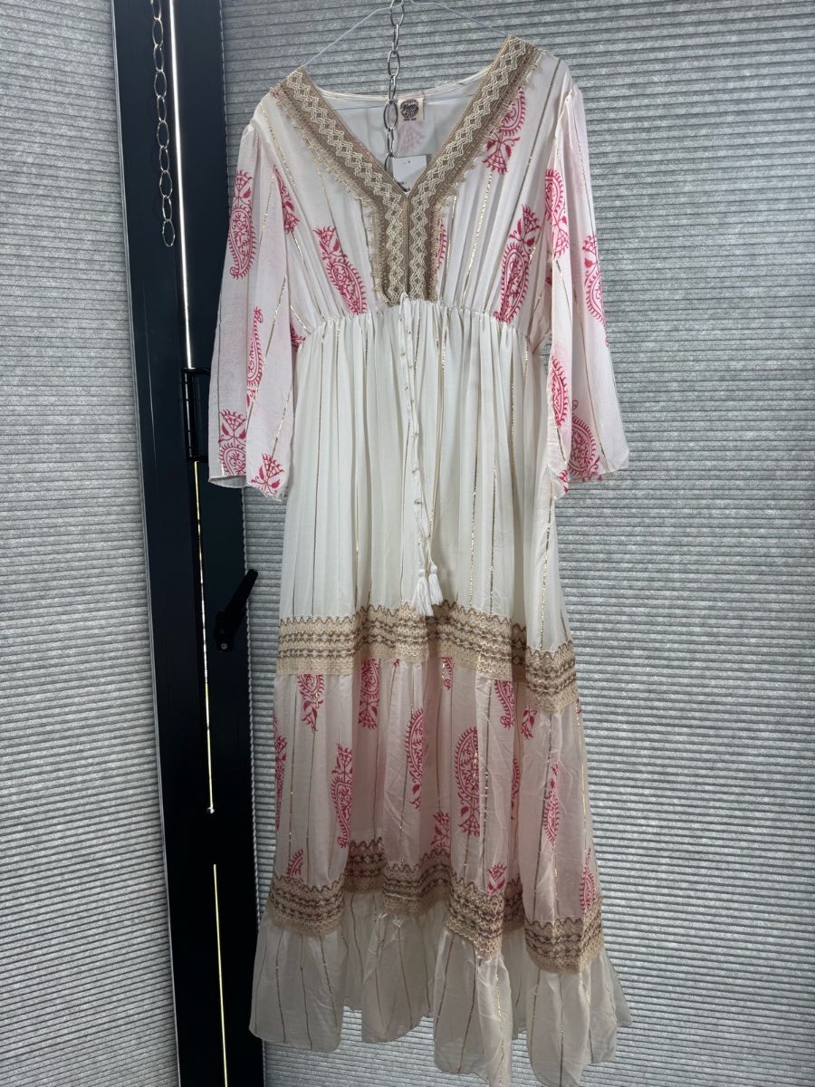 BNWT Mamaci Boho Midi Dress | Free Size Fits Up To UK 14 | Cream, Pink & Gold