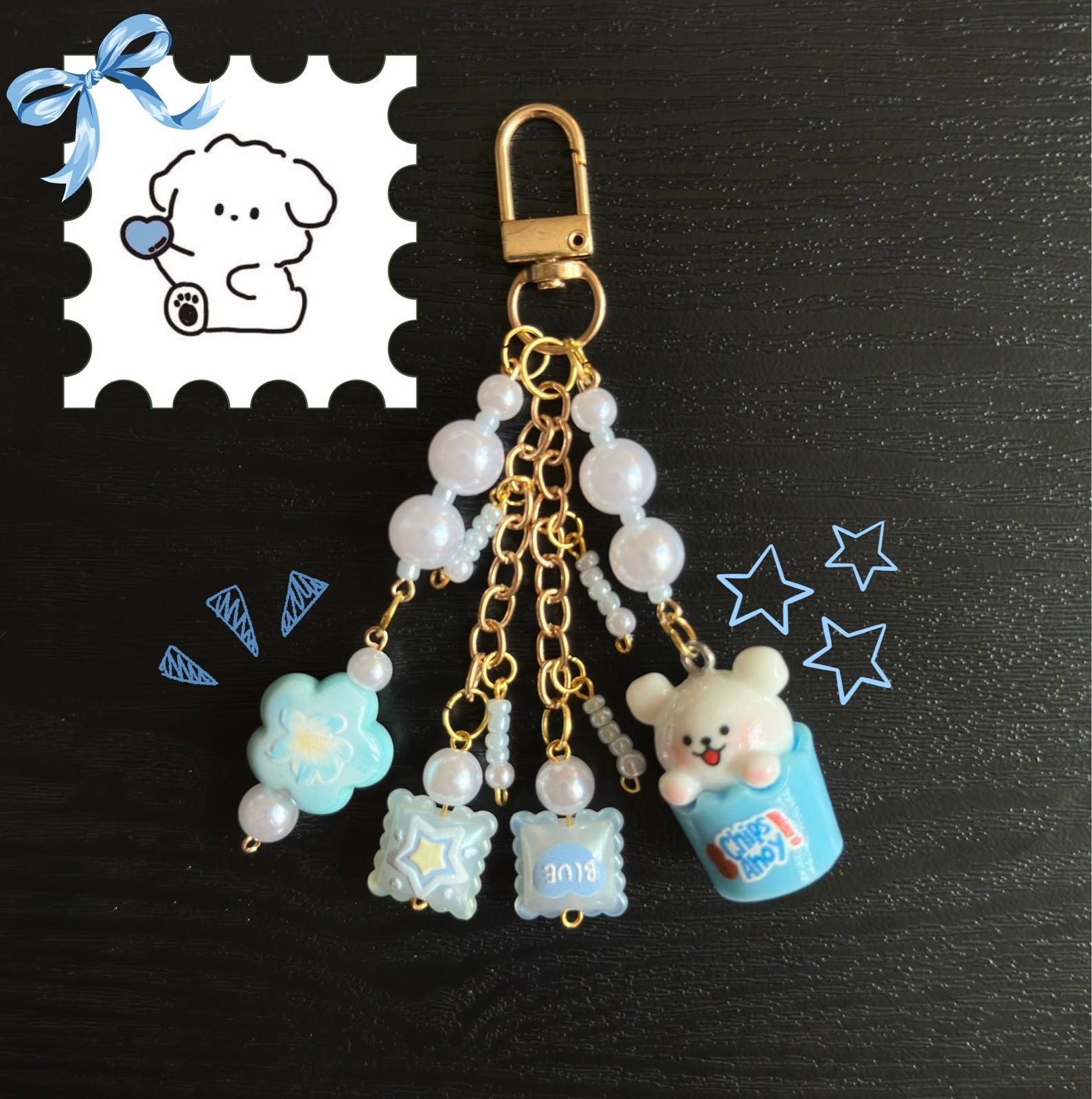Handmade Kawaii Blue Bag Charm | Blue Pearl Keychain | Cute Pastel Bag Accessory