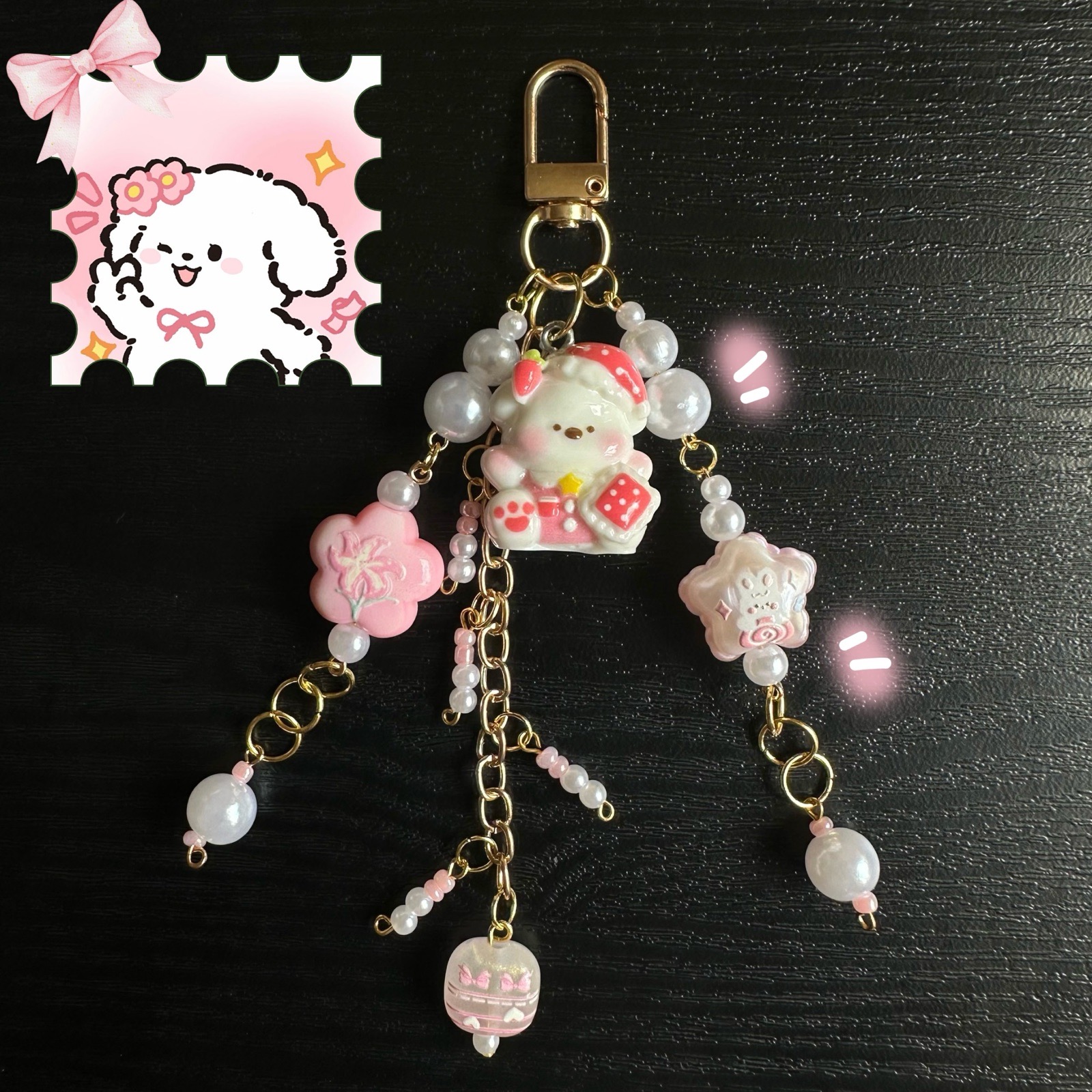Handmade Kawaii Puppy Bag Charm | Pearl Beaded Keychain | Cute Pink & Green Bag Accessory