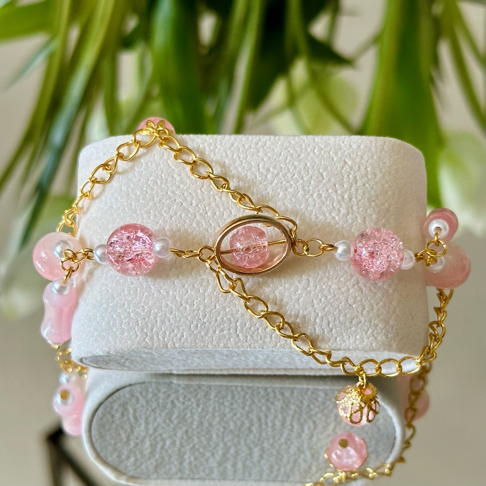 Handmade Pink Crackle Glass Bead Bracelet | Gold-Tone Adjustable Bracelet