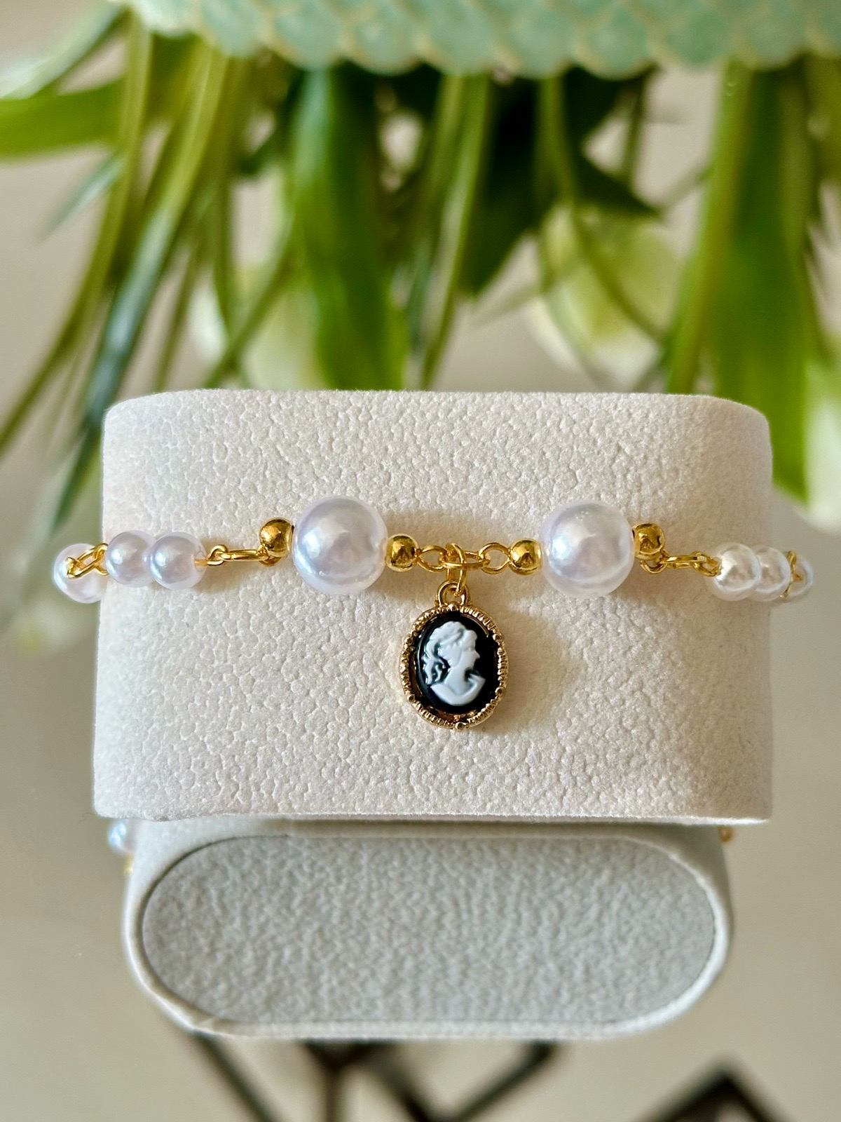 Handmade Faux Pearl Bracelet with Cameo Charm | Gold-Tone Adjustable Bracelet | Vintage Style Jewell