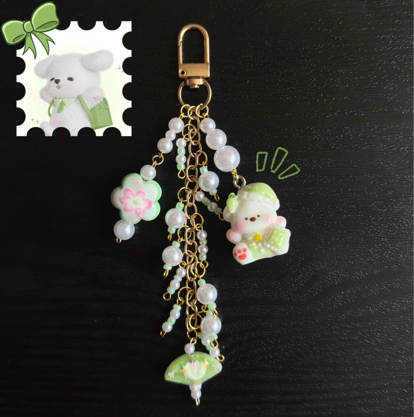 Handmade Kawaii Puppy Bag Charm | Green Pearl Keychain | Cute Pastel Bag Accessory