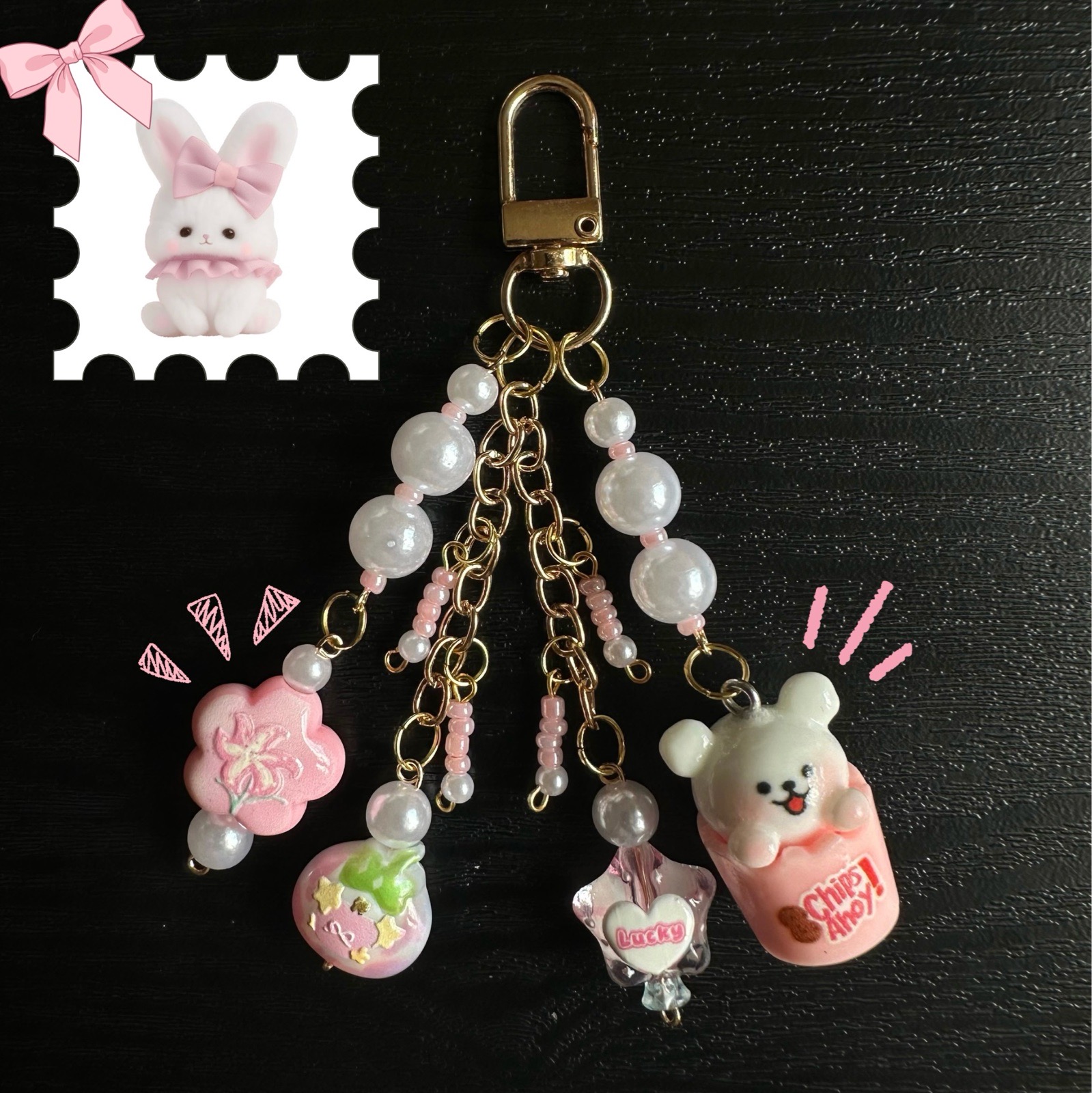 Handmade Kawaii Bear Bag Charm | Pink Pearl Keychain | Cute Pastel Bag Accessory