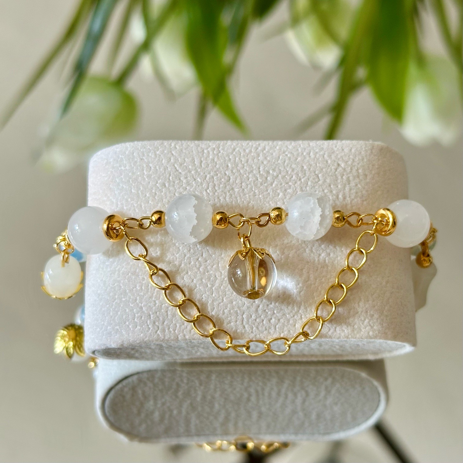 Handmade White Crackle Glass Bead Bracelet | Adjustable Gold-Tone Bracelet | Minimalist Jewellery fo