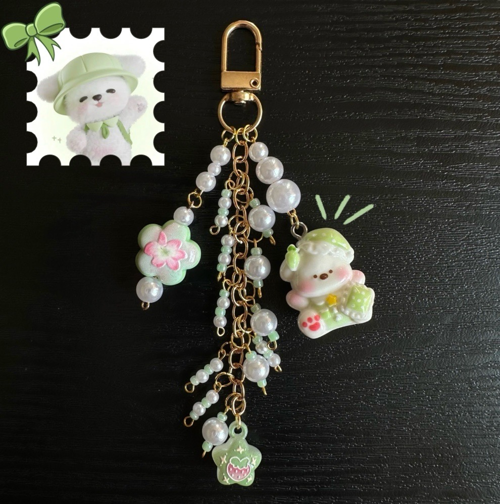Handmade Kawaii Puppy Bag Charm | Pearl Beaded Keychain | Cute Green Bag Accessory