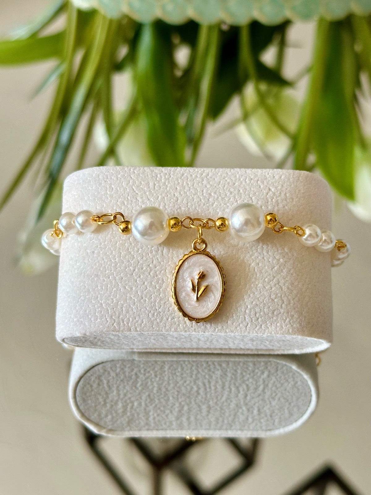 Handmade Faux Pearl Bracelet with Tulip Charm | Gold-Tone Adjustable Bracelet | Floral Jewellery