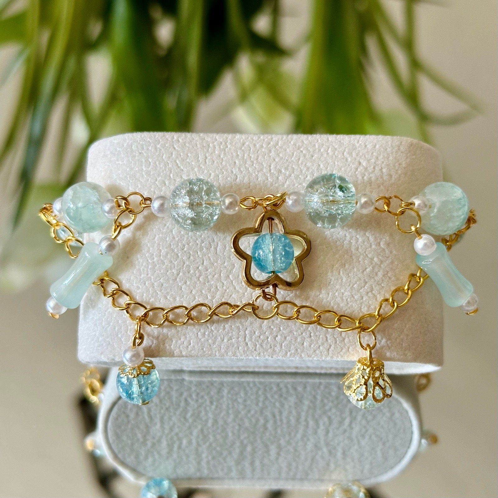 Handmade Blue Crackle Glass Bead Bracelet | Adjustable Gold-Tone Bracelet | Coastal Inspired Jewelle