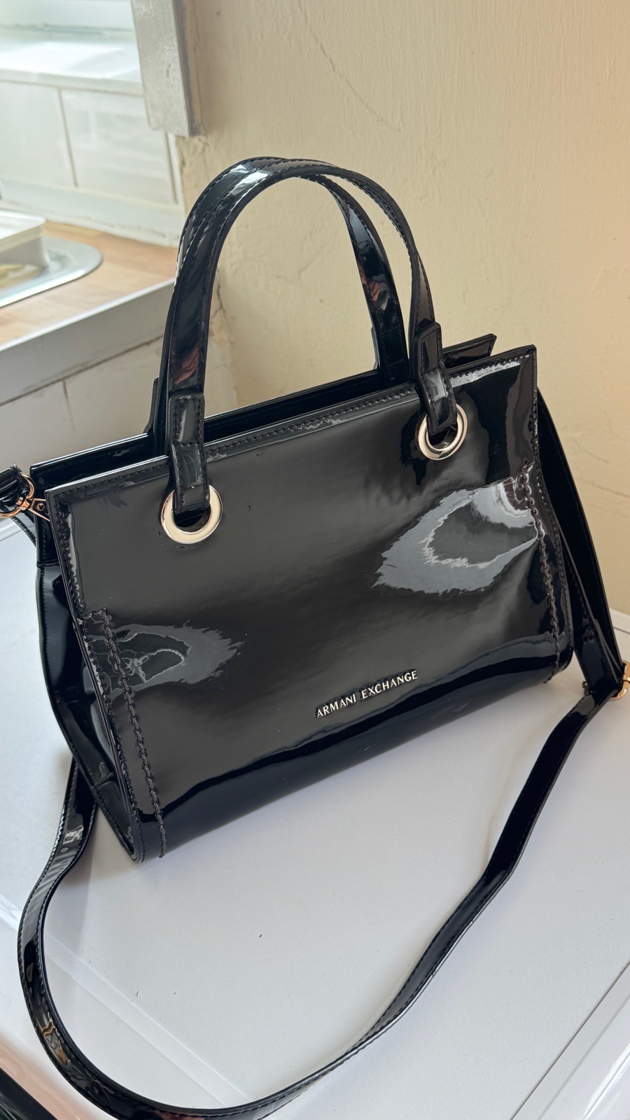 Armani Exchange Black Patent Crossbody Mini Tote Bag