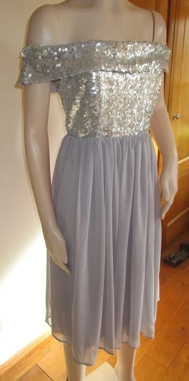 NEW Boohoo Occasions Bardot Sequin Dress Silver / Grey - Size 10 Special Occasion Prom Dress