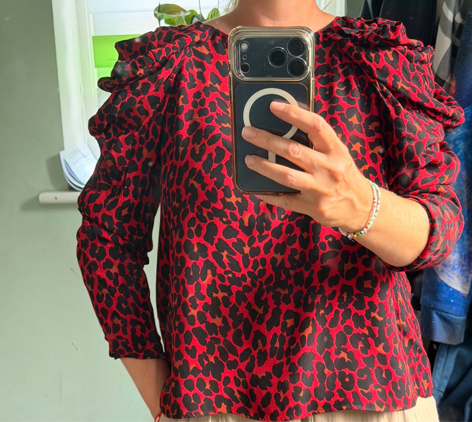 Zara Basic Red Black Leopard Print Blouse Ruffle Sleeves L