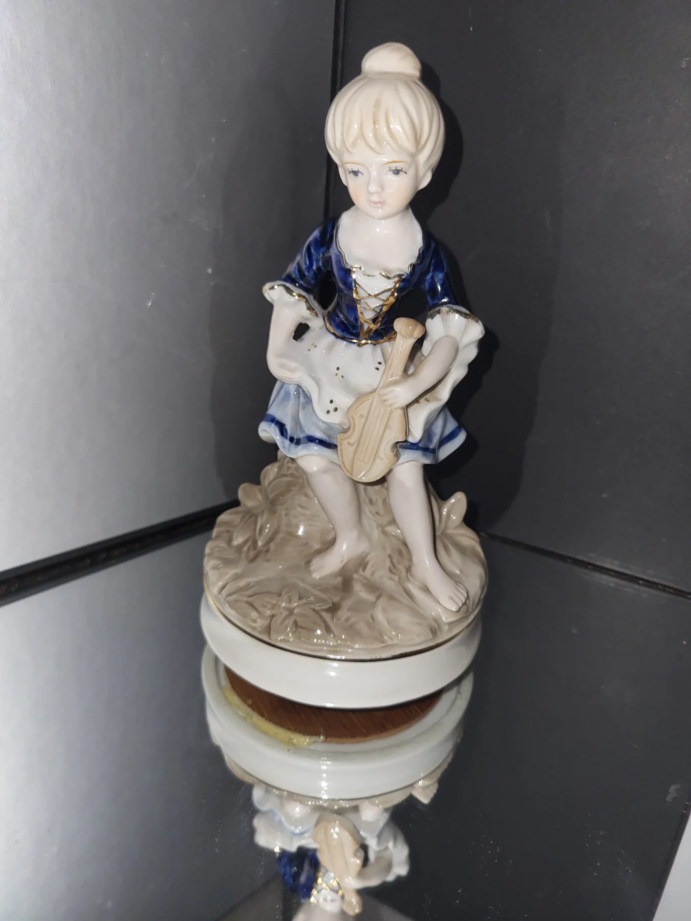 Vintage Porcelain Girl Music Box / Figurine with Lute/Violin – Royal Blue & Gold Detail