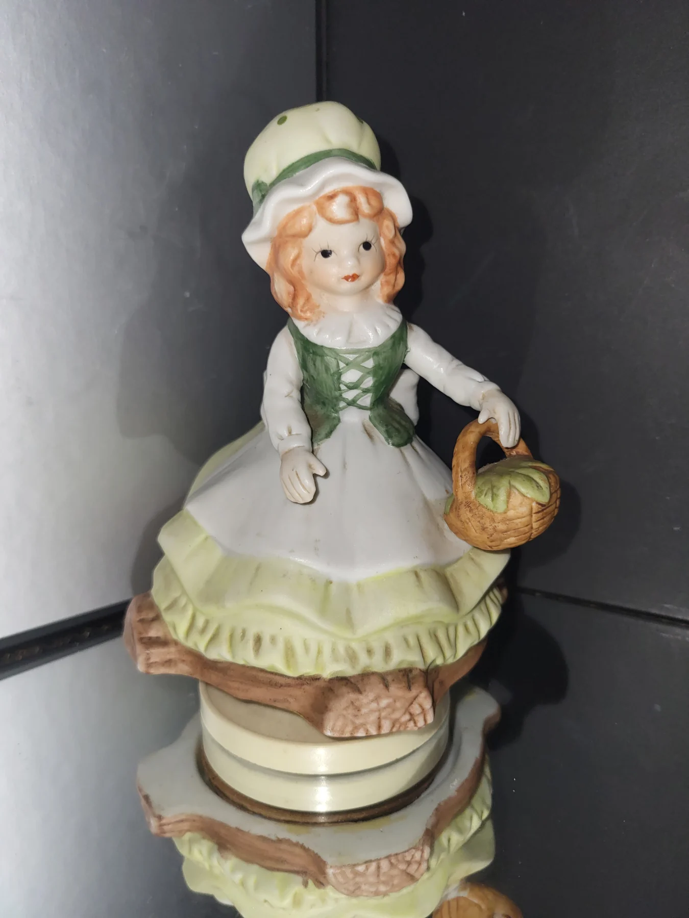 Vintage Ceramic Girl Music Box / Figurine — Green Dress & Basket