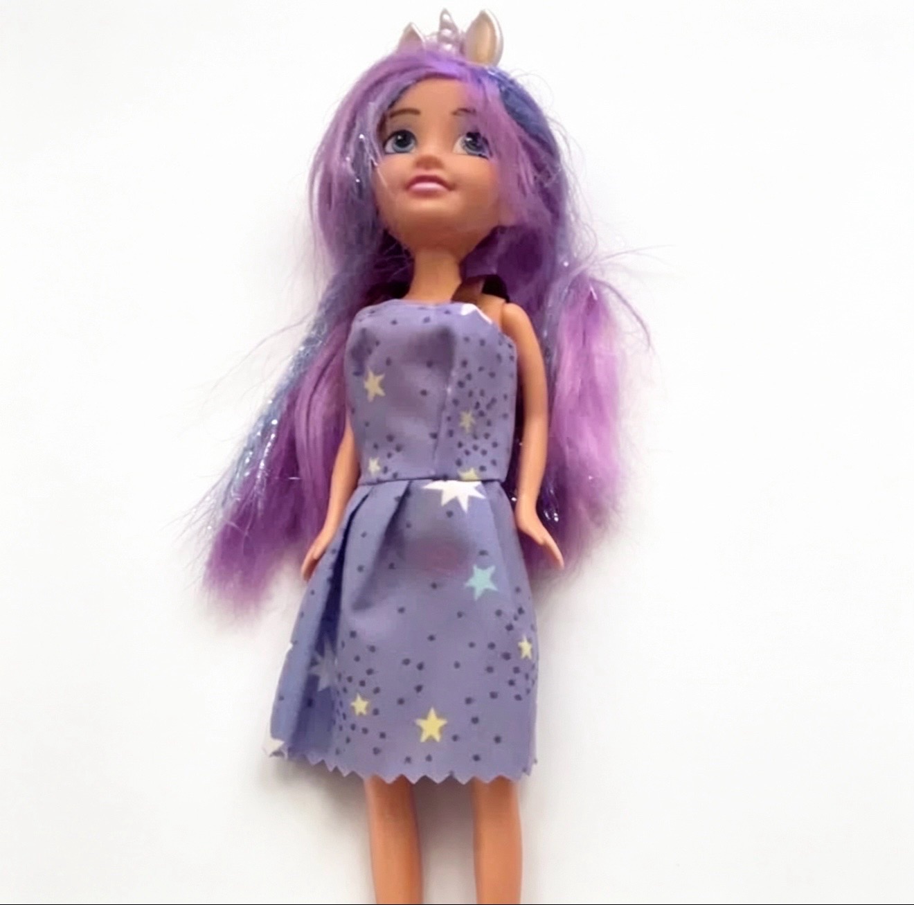 Girls’ Unicorn Doll | Purple Glitter Hair & Star Print Dress