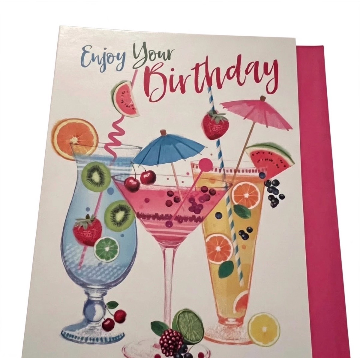 Enjoy Your Birthday Card | Fun Cocktail & Fruit Design + Pink Envelope