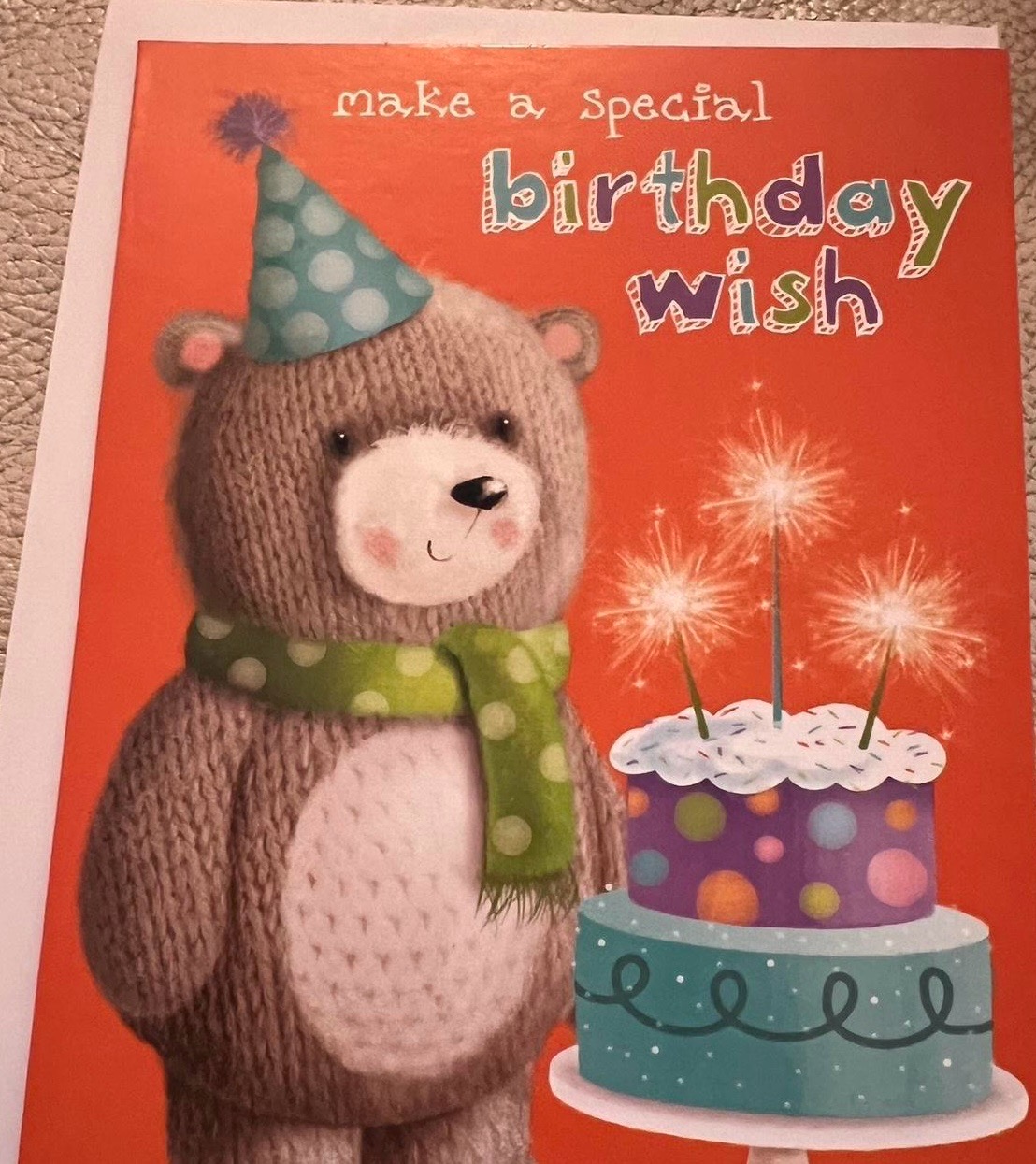 Birthday Card — Cute Teddy Bear & Sparkler Cake — Make a Special Birthday Wish — New