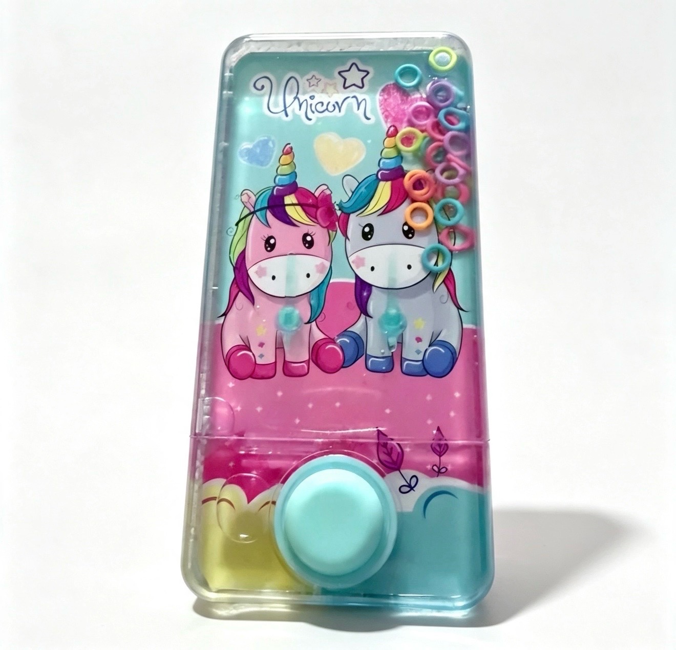 Unicorn Water Ring Toss Game — Kids’ Handheld Retro Toy | Hearts & Rainbow Design