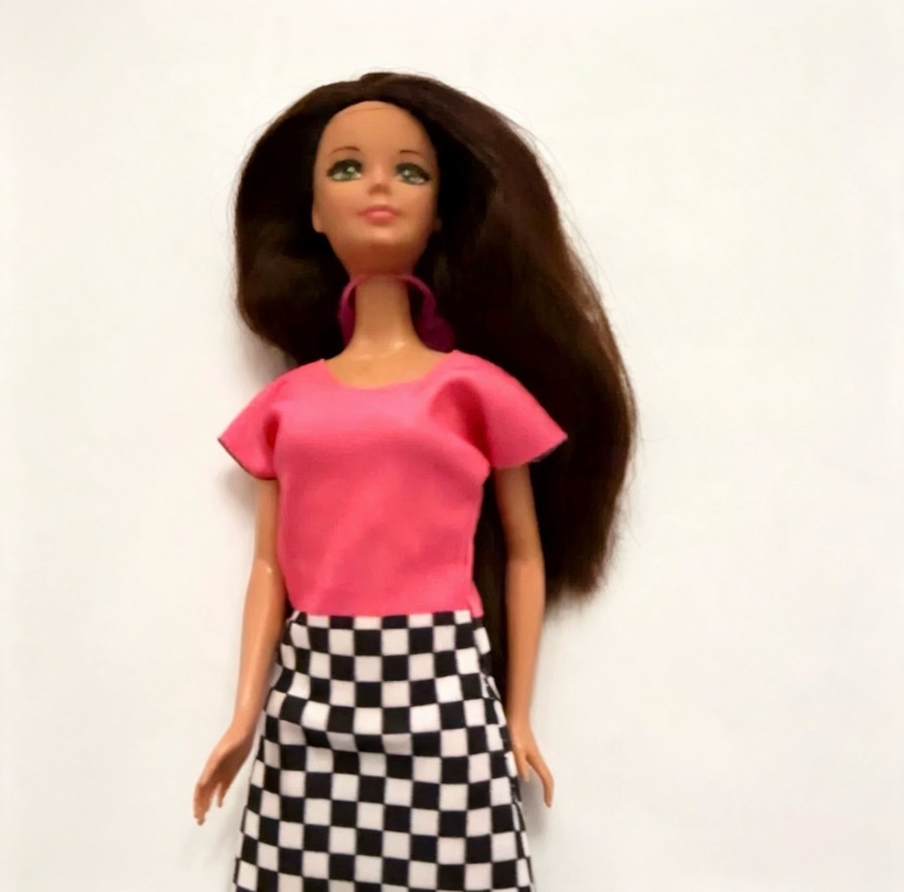 Brunette Barbie Doll | Pink Top & Checkerboard Skirt Outfit