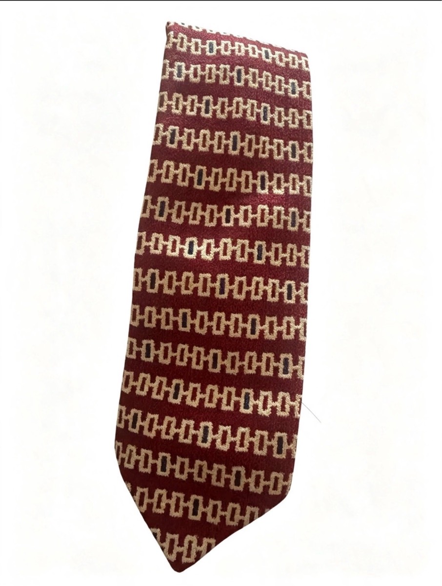 Burton Menswear Tie | Burgundy Red, Cream & Navy Geometric Pattern | 100% Polyester