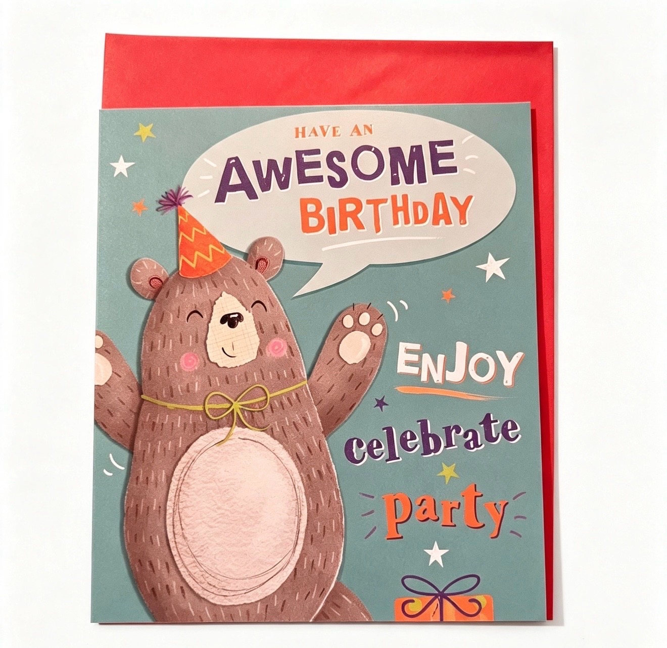 Awesome Birthday Card — Fun Party Bear Design — New with Red Envelope