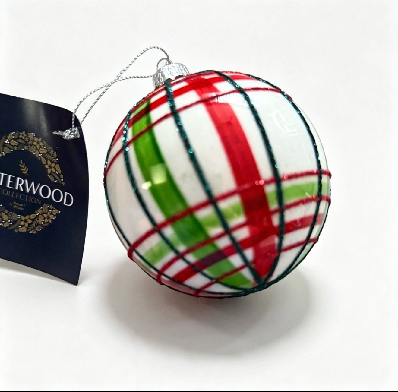 Winterwood Collection Glass Christmas Bauble — Red Green White Tartan Ornament — New with Tags