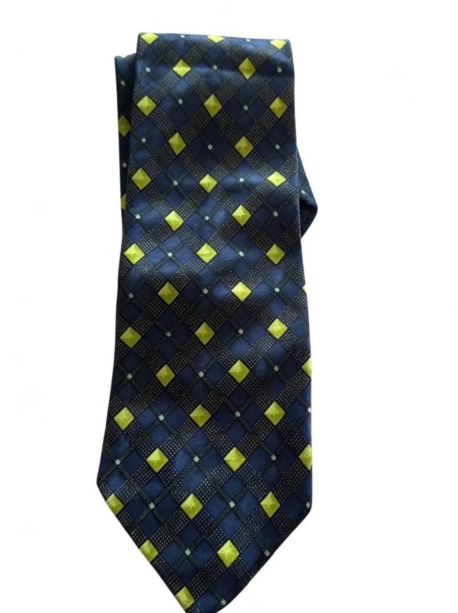 Debenhams Men’s Tie – Navy Blue & Lime Green Diamond Pattern