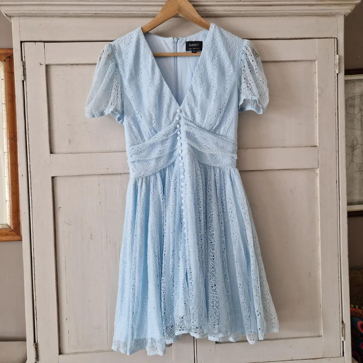 Bardot Blue Lace Skater Dress UK 8 Puff Sleeve V