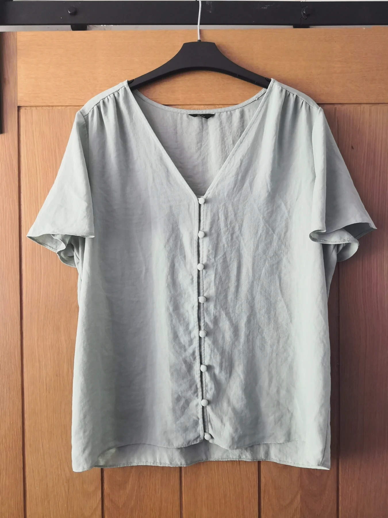 M&Co Women's Blue/Grey Blouse Short Sleeves Button Up Lightweight Size 12 (LW01)