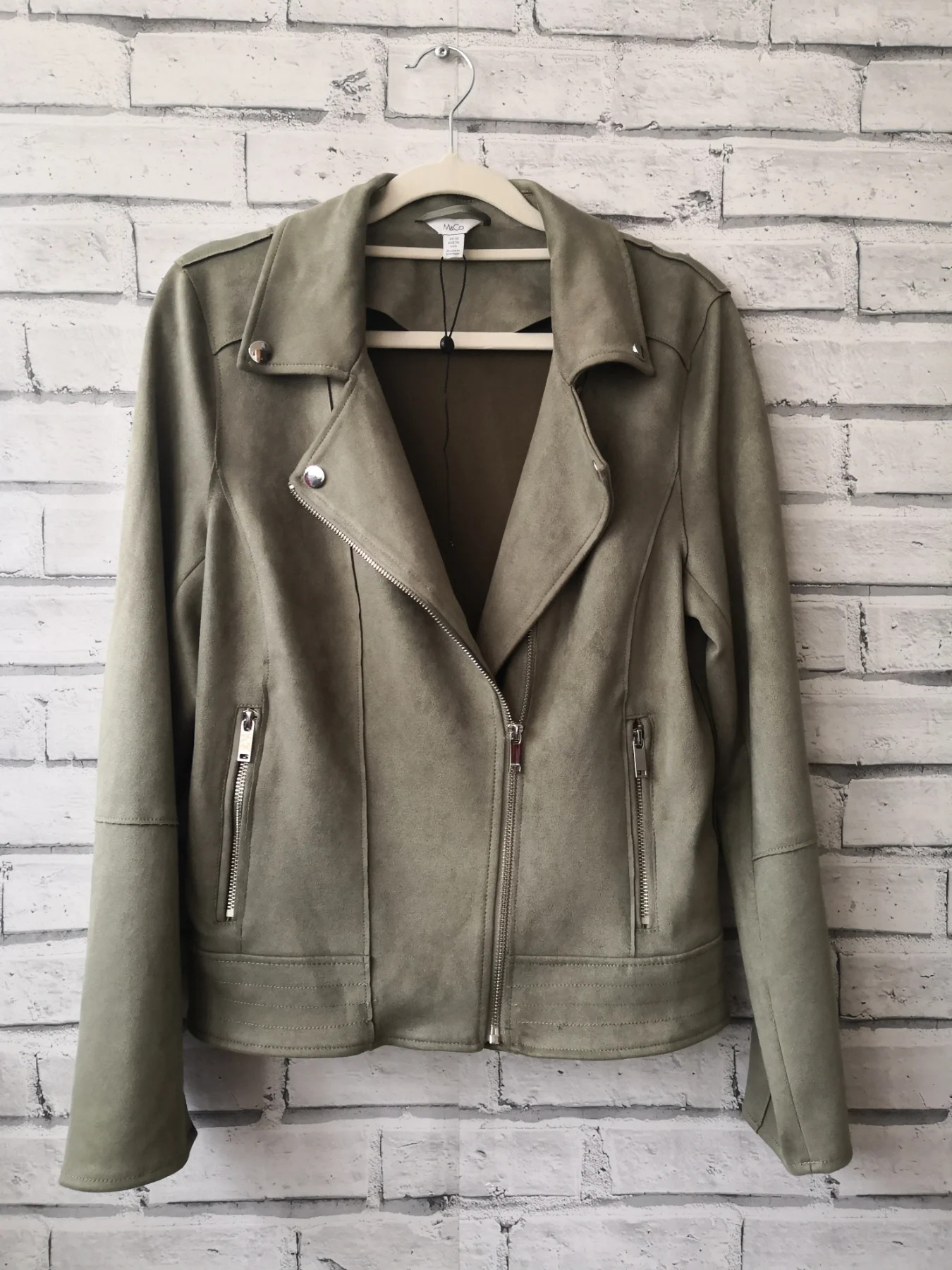M&Co Women's Khaki Biker Style Jacket Suede Feel Zip up Size 10 (SL04)