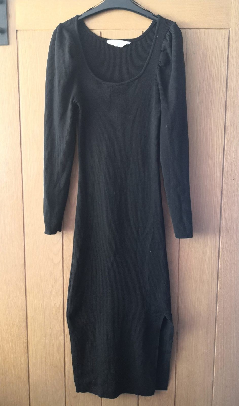 Primark Black Long Dress Long Sleeves Slit Stretchy Size 12/14 (LW01)
