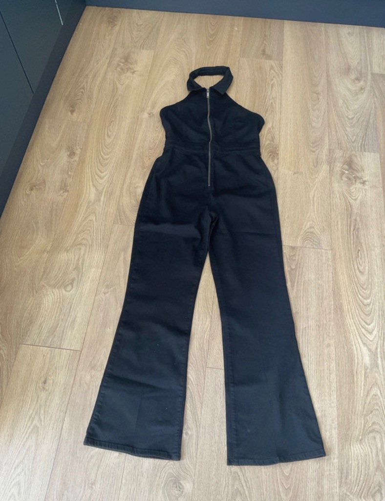 Reiss black denim halter neck jumpsuit size 14