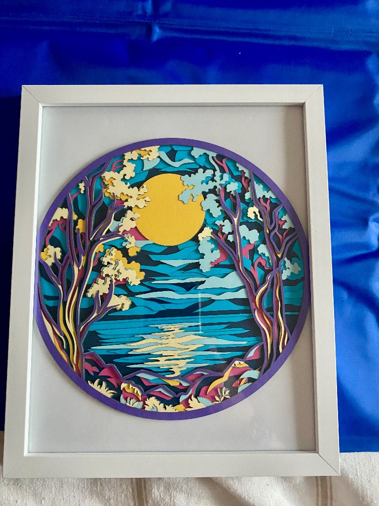 Handmade Layered Paper Art – Scenic Moonlit Landscape – Framed