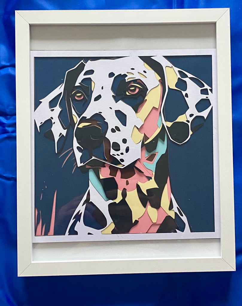 Framed 3D Layered Art – Colourful Dalmatian Dog Portrait | 20 × 25 cm | Handmade