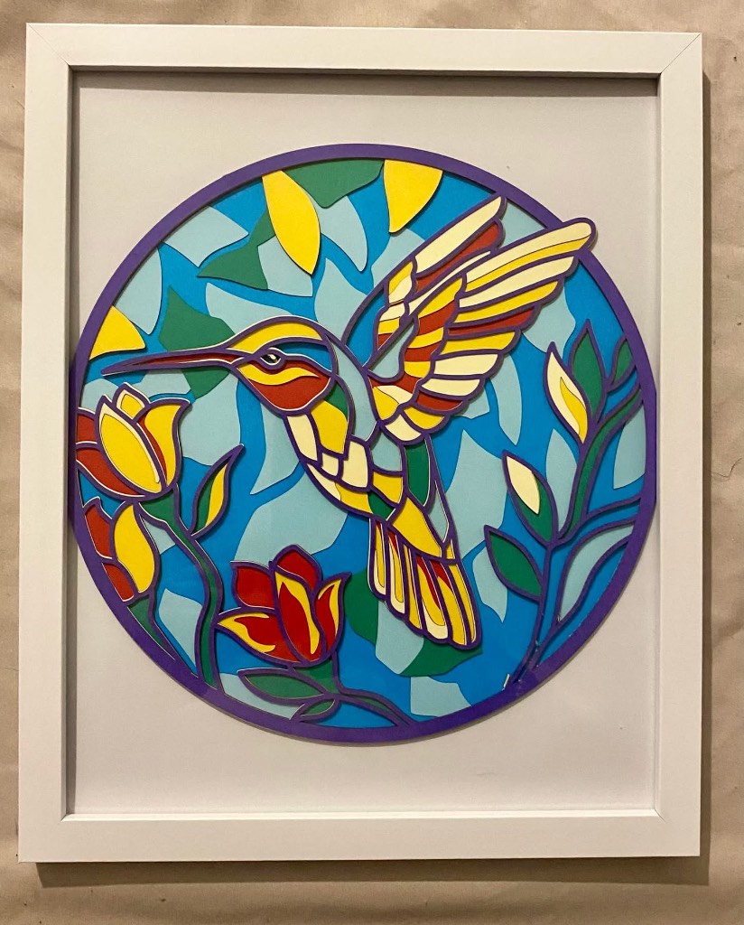 🎨 Handmade Layered Paper Art – Stained‑Glass Style Hummingbird – Framed