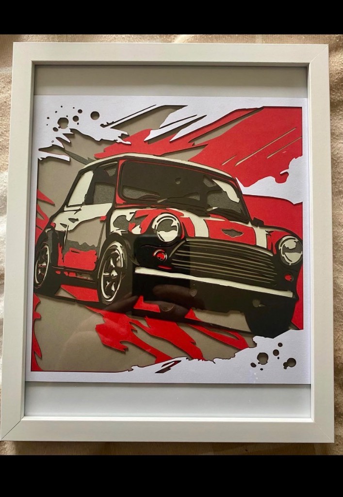 Handmade Layered Paper Art – Classic Mini Car Design – Framed