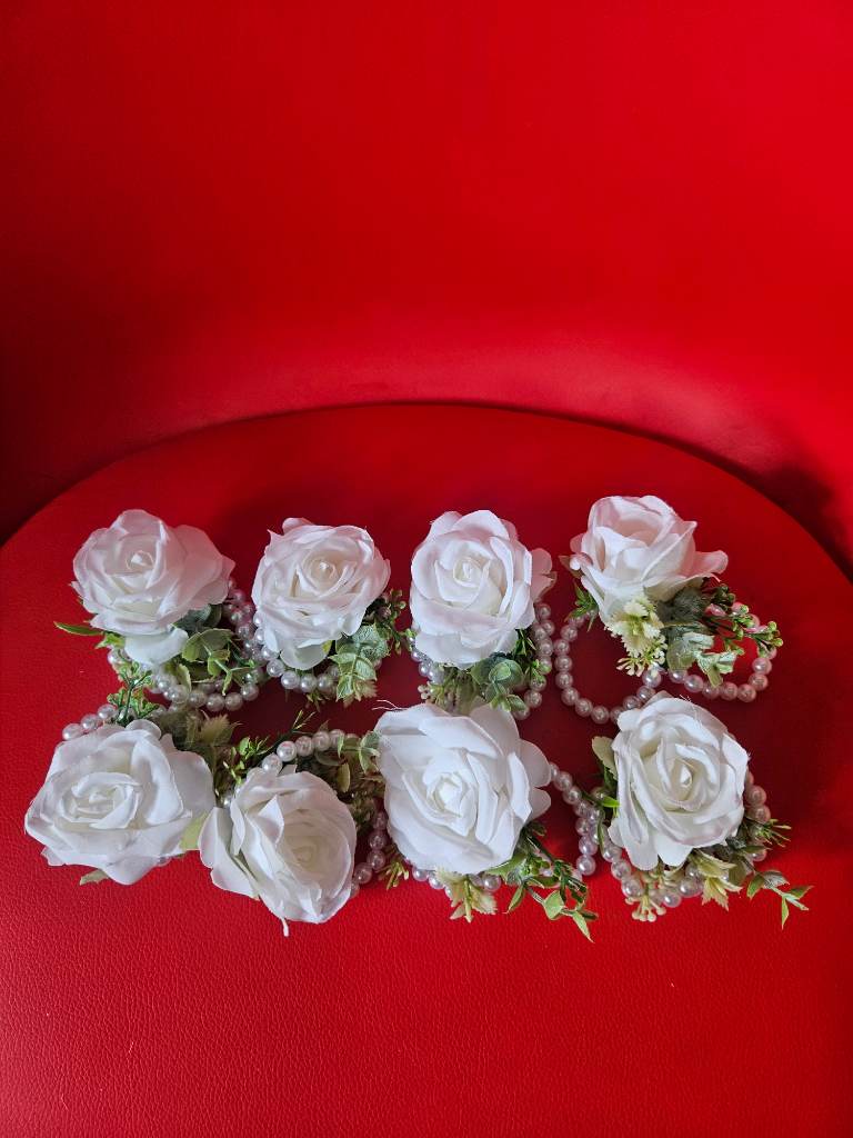 Set of 8 white rose wrist corsage