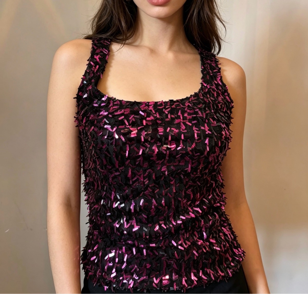 Jane Norman Black & Pink Sequin Vest Top | Sparkly Party Cami | Size UK-12