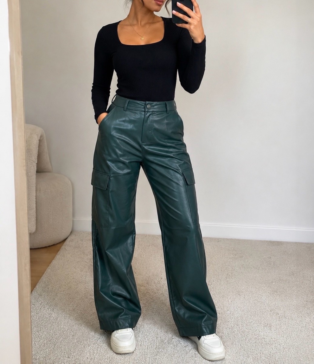 New Faux Leather Cargo Trousers – Dark Green – Wide Leg – Size L