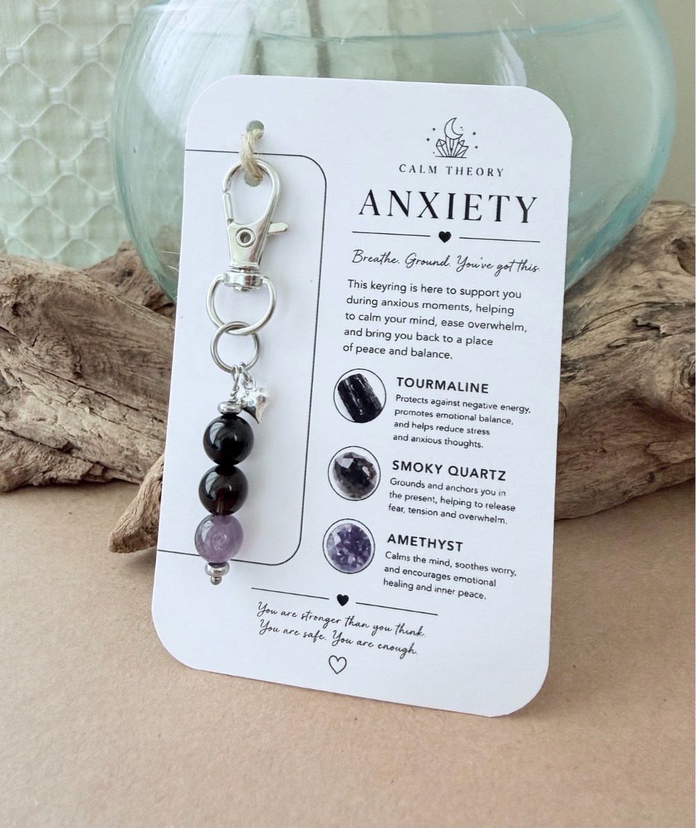 Anxiety Support Crystal Healing Keyring - Tourmaline, Smoky Quartz, Amethyst