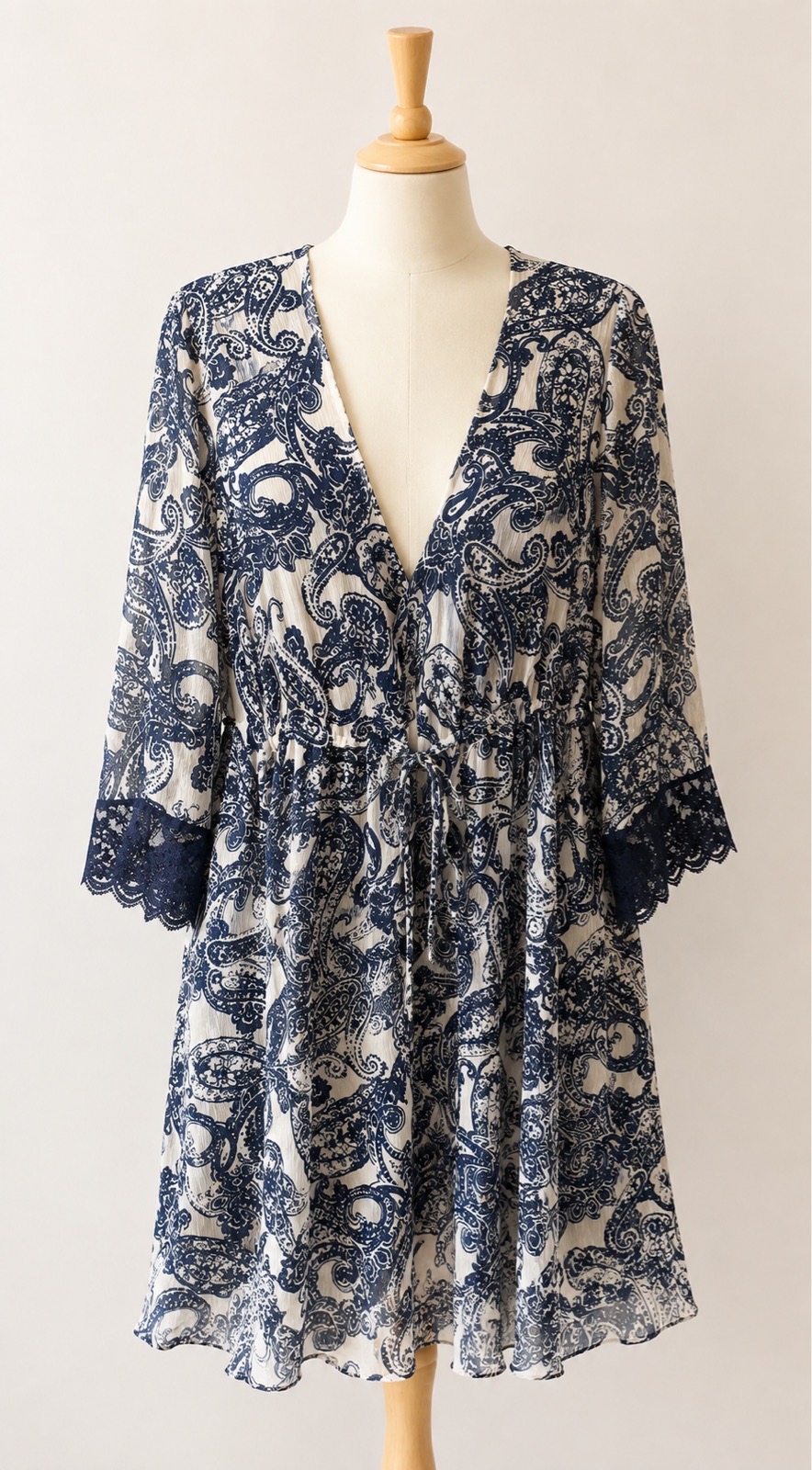 MNG Mango Suit Cream & Navy Paisley Tunic Dress – Size S – Lace Cuff Tie Front Boho Romantic