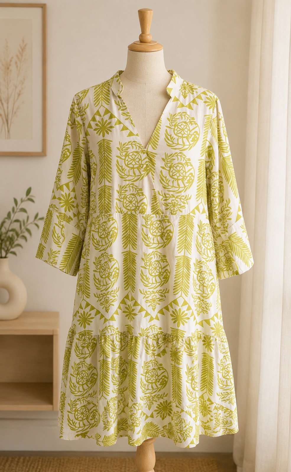 Cream & Green Botanical Tiered Midi Dress – Size M – NWOT