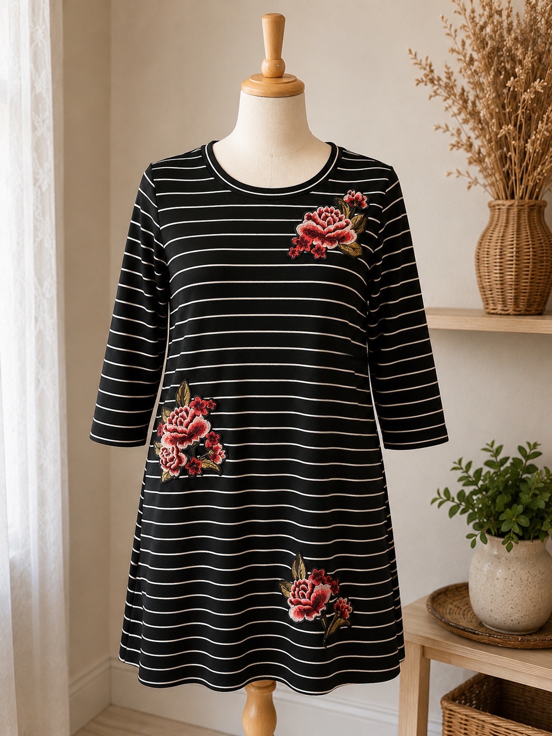 New Look Black & White Striped Floral Appliqué Dress – UK 12