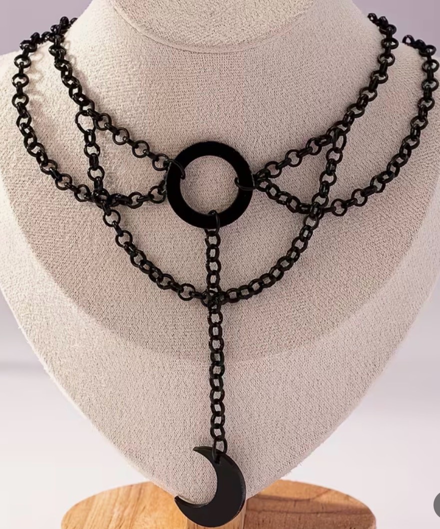JJRPK Black Layered Chain Crescent Moon Statement Necklace – Gothic Witchy Alternative – NWOT
