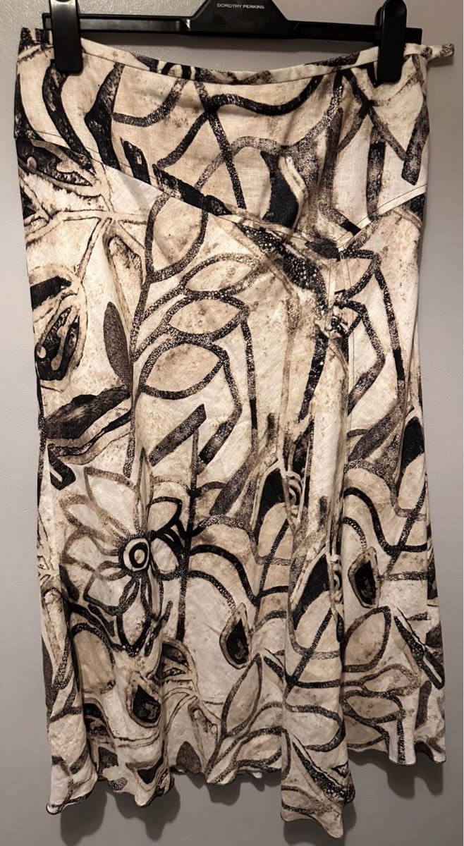 Gold by Michelish 100% Linen Asymmetrical Skirt – UK 14 | Abstract Print | Lined | Boho Chic