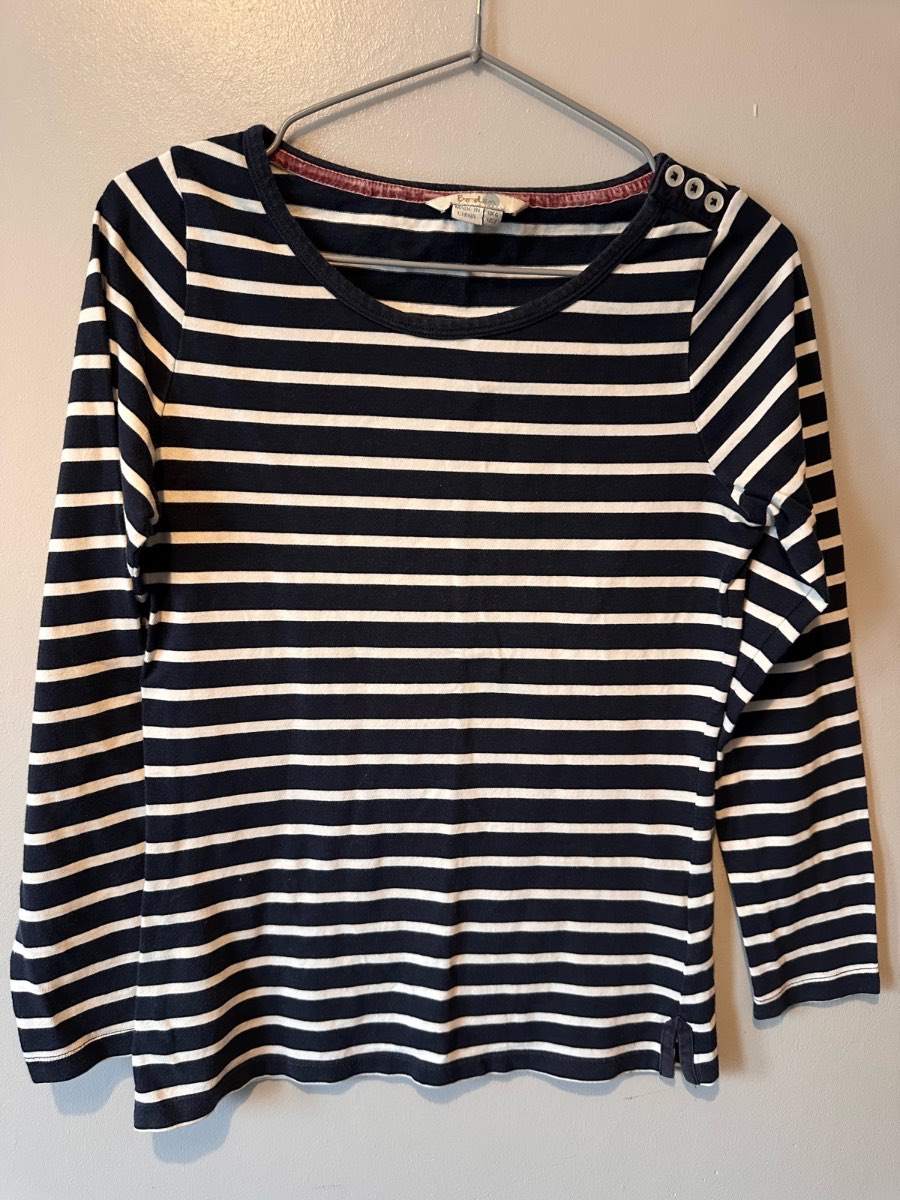 Boden Navy & White Breton Stripe Cotton Top | UK 8 | Nautical Button Shoulder