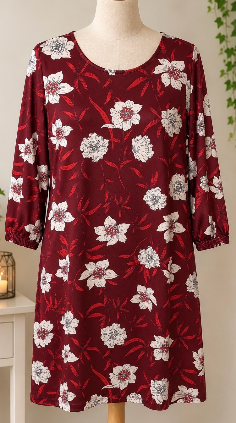 Laura Scott Burgundy Floral ¾ Sleeve Dress UK 8 – Autumn Winter Transitional Occasion Day Dress