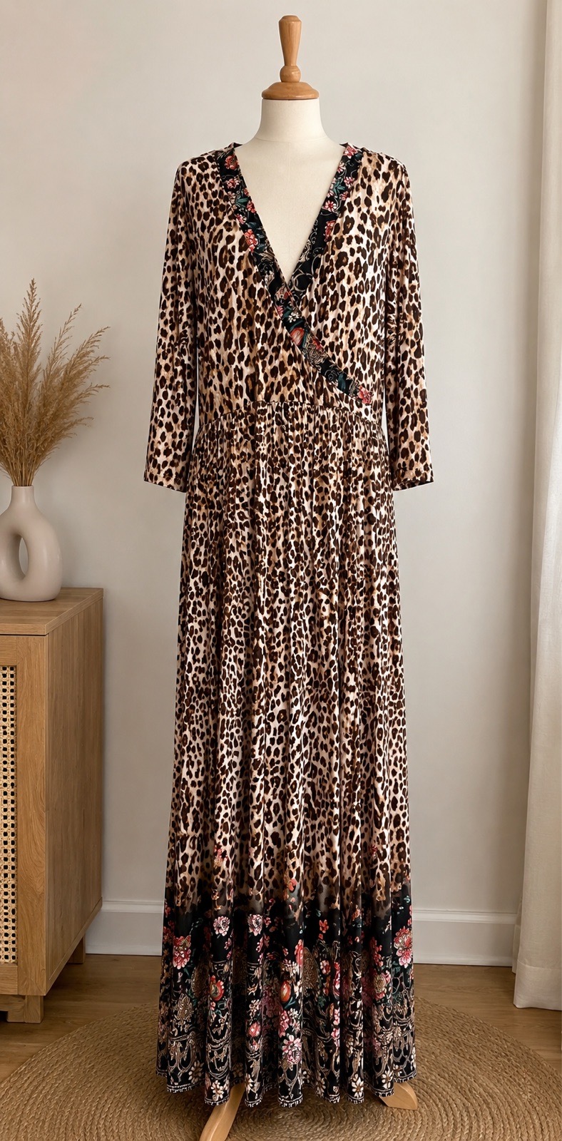 Leopard & Floral Border Print Very Long Maxi Dress – NWOT OneSize