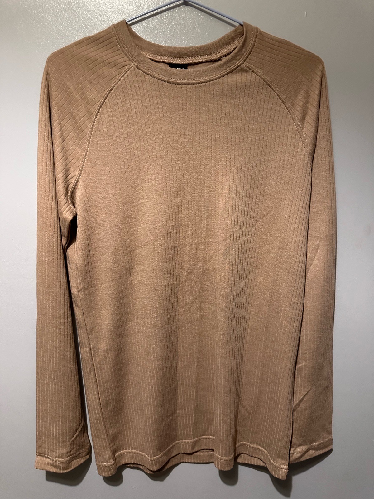 Cotton Traders Taupe Ribbed Marl Crew Neck Long Sleeve Top Size M – Casual Neutral Layering Basic