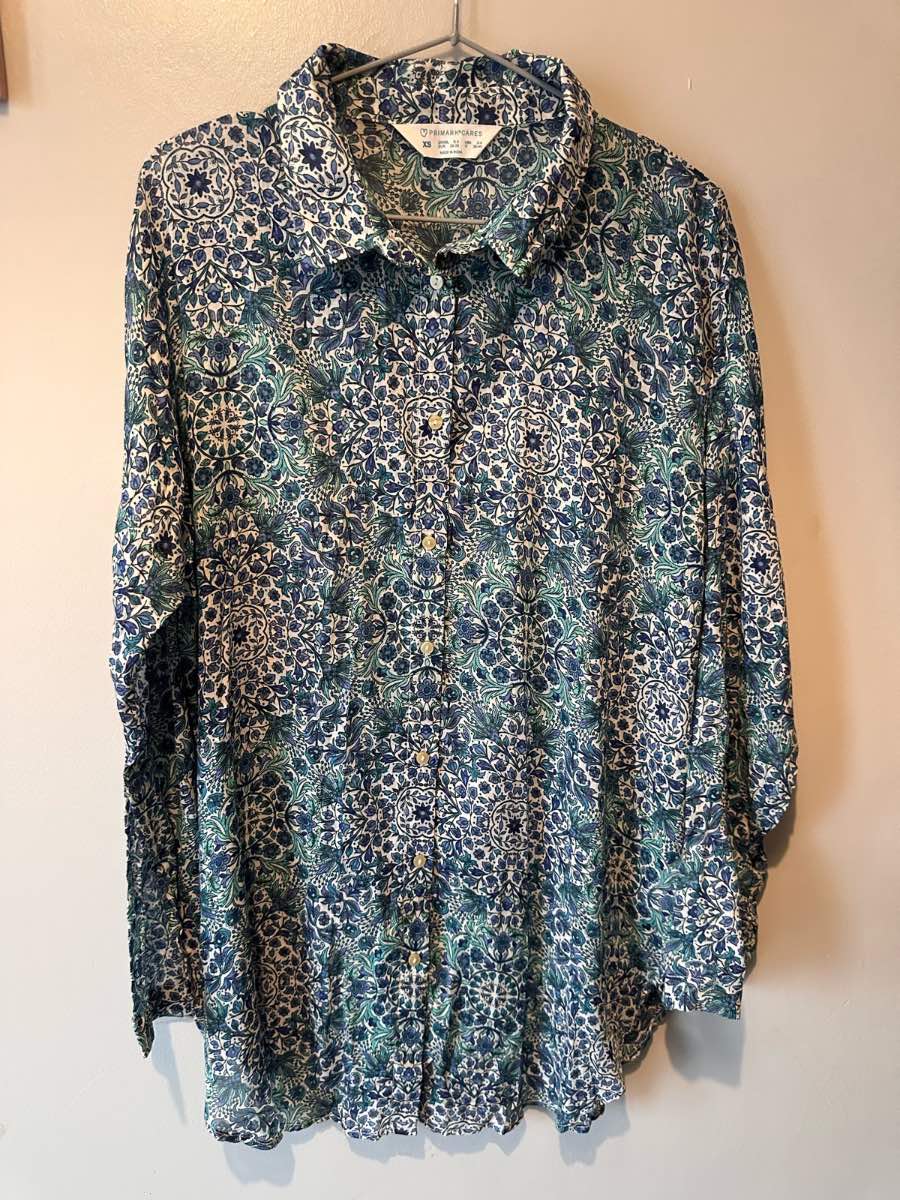 Primark Cares Blue Floral Paisley Button Front Shirt | Semi Sheer Cotton Blouse | UK XS