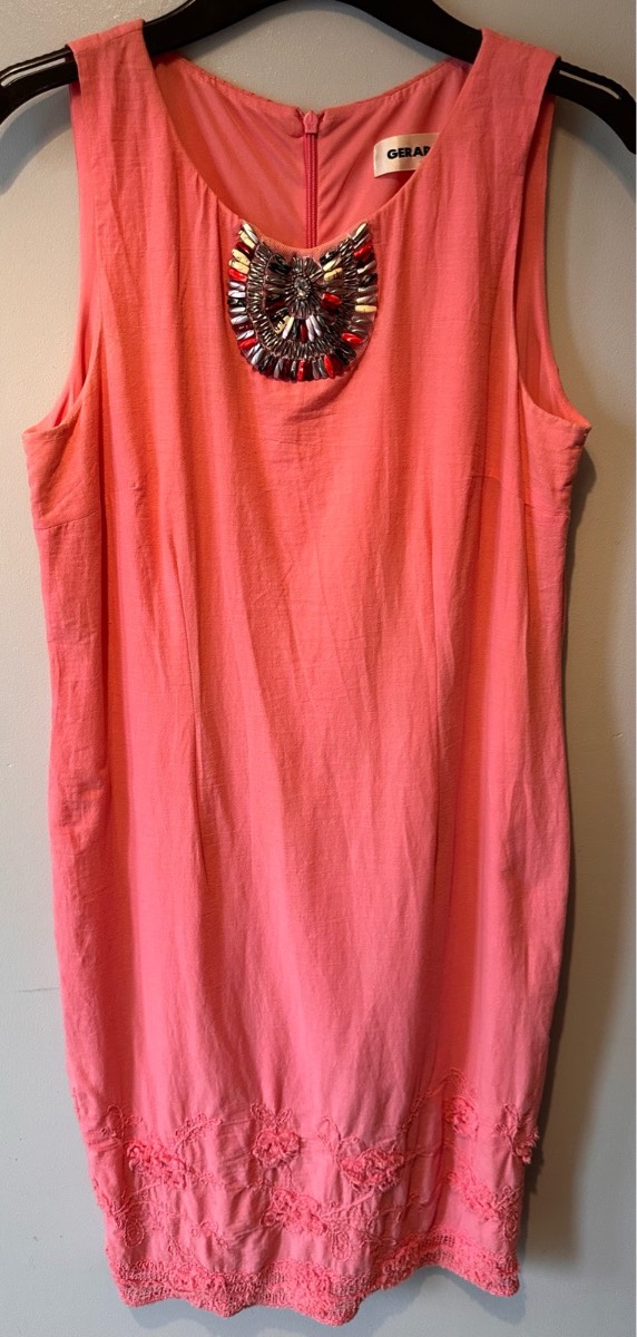 Gerard Coral Embellished Shift Dress – UK 12 | Cotton | Lace Hem | Summer Occasion Vibes